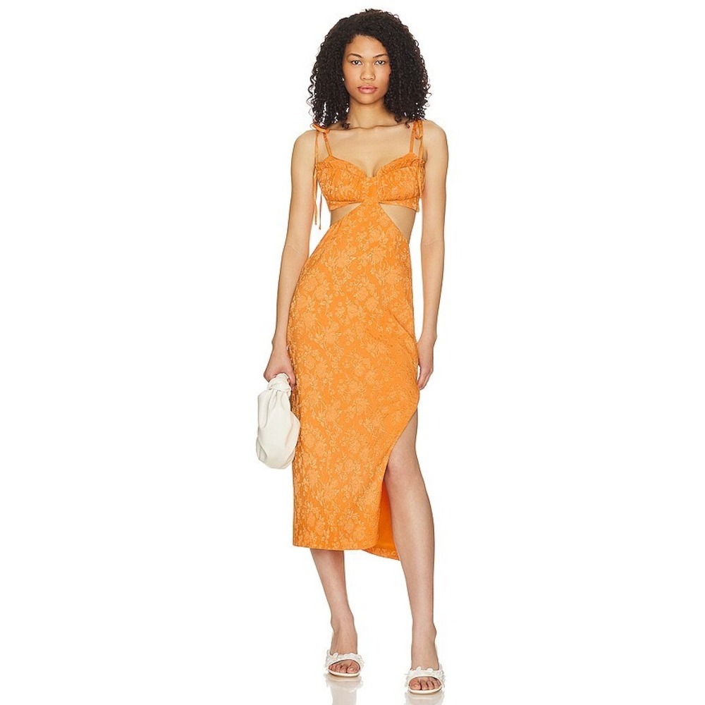 LPA Robin Midi Dress Tangerine Dream Cutout Floral Jacquard Size Medium